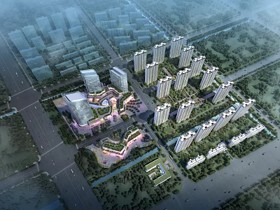 Aerial Planning of Modern Urban Residential Complex with High Rise Buildings Green Spaces and Roads 3d model