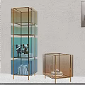 Modern Gradient Glass Display Cabinets With Gold Metal Frames And Decorative Items 3d model