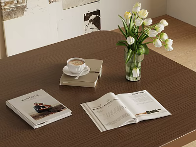 Decorative Ornament Set With Coffee Cup Books Open Magazine White Tulips In Vase On Table 3d model