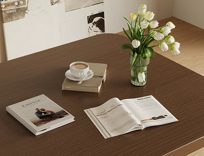 Decorative Ornament Set With Coffee Cup Books Open Magazine White Tulips In Vase On Table 3d model