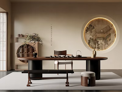 Traditional Tea Room Interior With Wooden Table Tea Sets And Round Decorative Painting 3d model