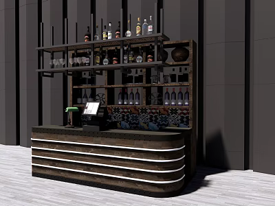 Stylish Wooden Reception Desk With Striped Design And Wine Bottles On Shelves 3d model