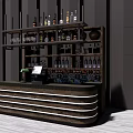 Stylish Wooden Reception Desk With Striped Design And Wine Bottles On Shelves
