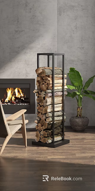 Log Rack Stacked With Firewood In Indoor Living Space Near Fireplace Wooden Chair And Plant 3d model 