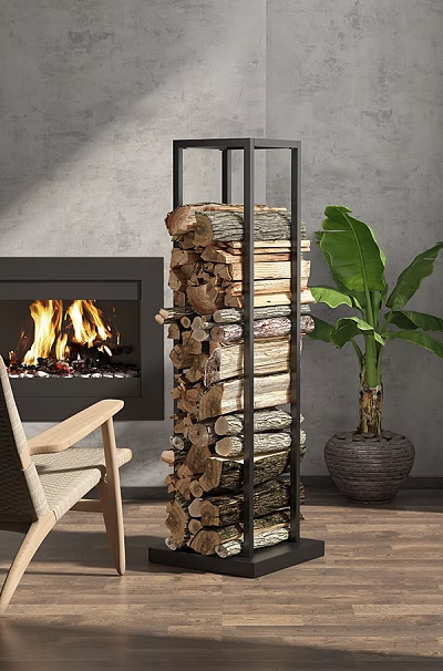 Log Rack Stacked With Firewood In Indoor Living Space Near Fireplace Wooden Chair And Plant 3d model