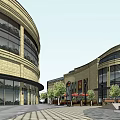 Modern Commercial Complex With Circular Architecture Glass Curtain Walls And Stone Exterior