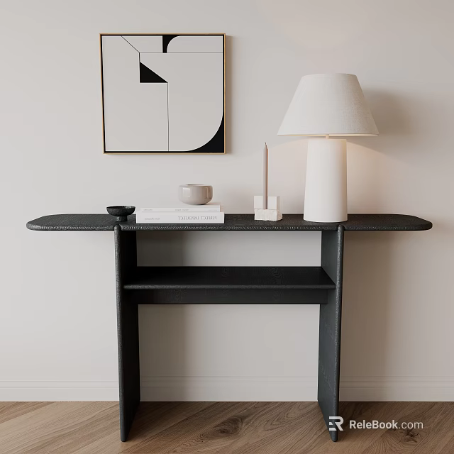 Minimalist Black Console Table With White Lamp Geometric Artwork And Decorative Items 3d model 