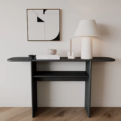 Minimalist Black Console Table With White Lamp Geometric Artwork And Decorative Items 3d model