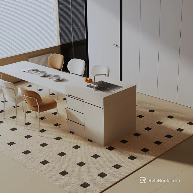 Modern Dining Table Set With White Table Mixed Color Chairs And Checkered Rug 3d model