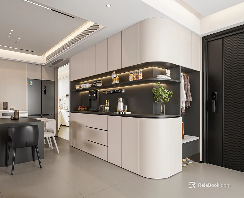 Modern Curved Sideboard Cabinet With Built In LED Light And Large Multifunctional Storage Design 3d model 