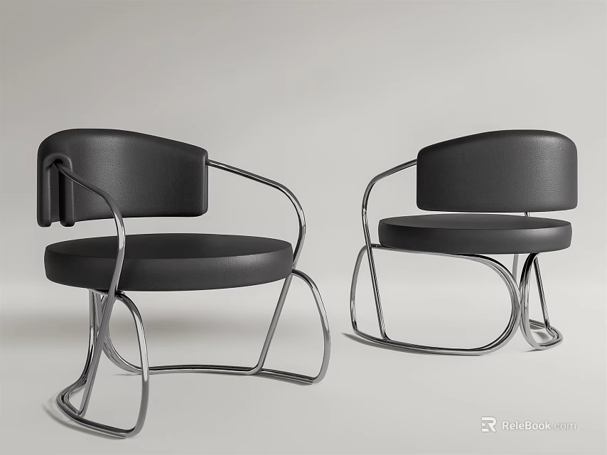 Pair of Modern Black Leisure Chairs with Curved Metal Frame and Leather Seats 3d model 