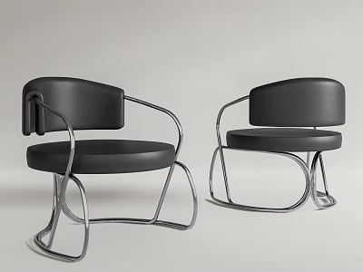 Pair of Modern Black Leisure Chairs with Curved Metal Frame and Leather Seats 3d model