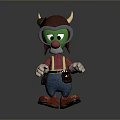 Cartoon Game Character With Green Face Horns Helmet Plaid Shirt Suspenders And Red Shoes