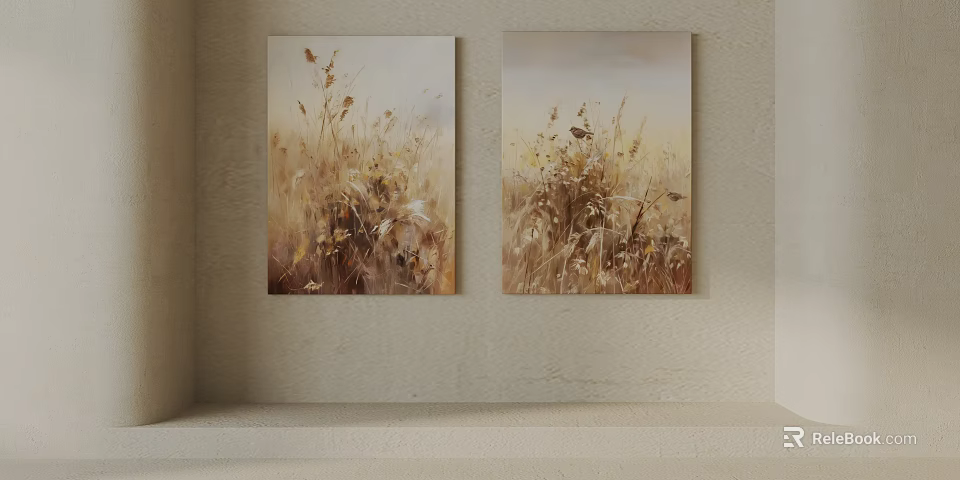 Two Golden Grass Wall Art Paintings On Neutral Interior Wall 3d model