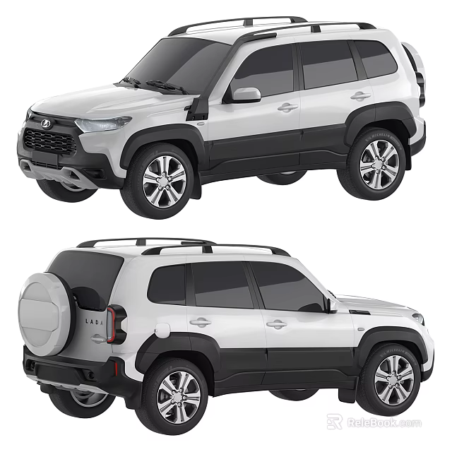 White SUV Vehicle Featuring Spare Tire Roof Rack And Silver Alloy Wheels Modern Design 3d model 