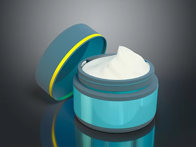 Open Blue Cream Jar With Yellow Accent And White Cream Inside 3d model