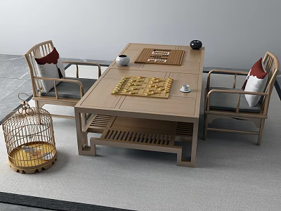 Modern Style Entertainment Table with Chessboard Tea Cups and Two Chairs Nearby Birdcage 3d model