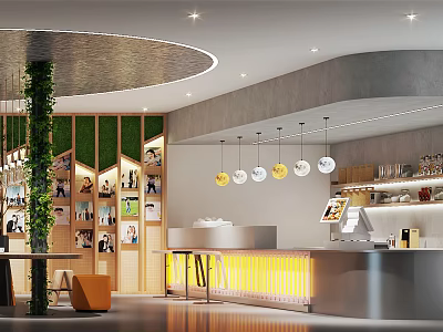 Modern Milk Tea Shop Interior Design With Green Plant Bar And Pendant Lights 3d model