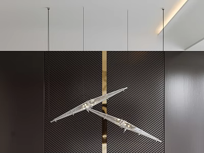 Modern Geometric Chandelier With Acrylic Blades Hanging Over Dark Textured Wall And Gold Accent Strip 3d model