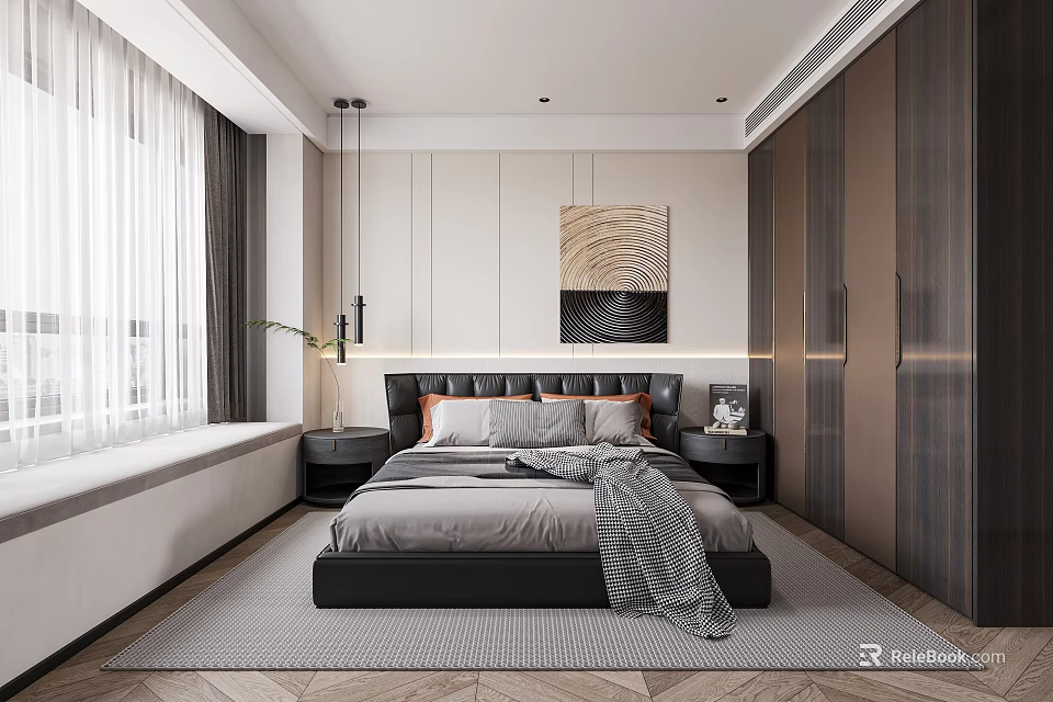 Modern Bedroom Interior Design With Large Bed Decorative Painting And Wardrobe 3d model 