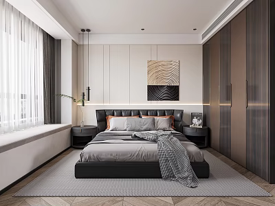 Modern Bedroom Interior Design With Large Bed Decorative Painting And Wardrobe 3d model