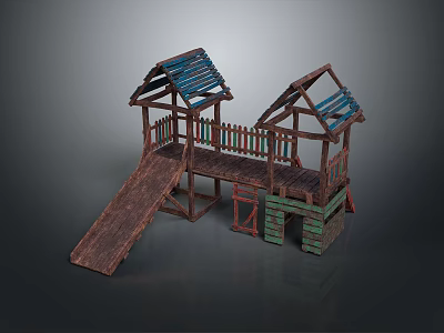 Wooden Kids Playhouse With Slide Roof Railings And Multicolored Base 3d model