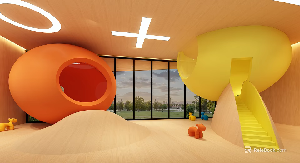 Colorful Children's Indoor Play Area Featuring Orange Sphere Yellow Slide Wooden Floor And Large Windows 3d model 