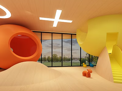Colorful Children's Indoor Play Area Featuring Orange Sphere Yellow Slide Wooden Floor And Large Windows 3d model