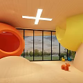 Colorful Children's Indoor Play Area Featuring Orange Sphere Yellow Slide Wooden Floor And Large Windows