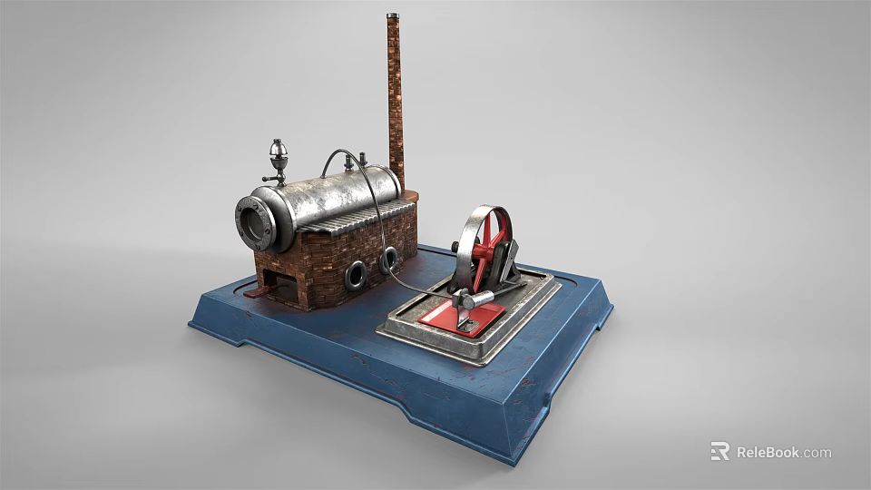 Vintage Electronic Device Model with Boiler Chimney and Red Wheel on Blue Base 3d model 