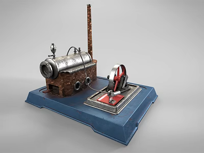 Vintage Electronic Device Model with Boiler Chimney and Red Wheel on Blue Base 3d model