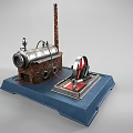 Vintage Electronic Device Model with Boiler Chimney and Red Wheel on Blue Base