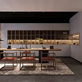 Serene Tea Room Interior With Wooden Table Chairs Shelves Tea Sets And Green Plants