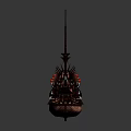 Cartoon Scene Of A Sailing Ship With Three Masts Brown Hull And Red Decorative Details