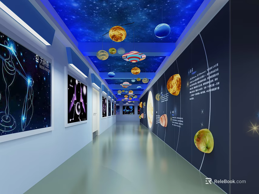 Elevator Corridor with Starry Ceiling Hanging Planet Decorations Starry Wall Art and Informational Text 3d model