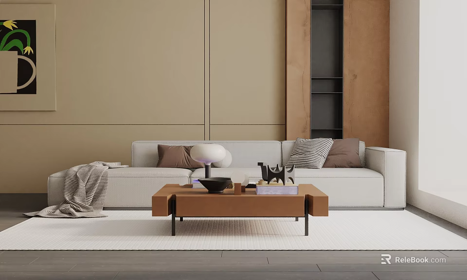 Modern Living Room With Light Beige Three Seater Sofa Accent Pillows And Wooden Coffee Table 3d model 