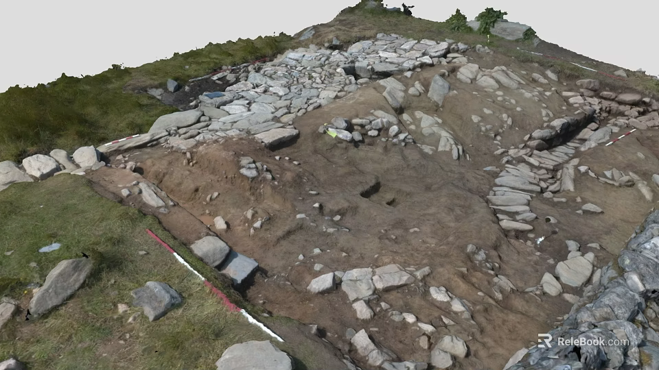 Ancient Archeological Site With Scattered Stones Excavated Earth And Grassy Edges 3d model 
