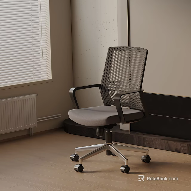 Modern Office Chair With Black Mesh Backrest Gray Cushion Metal Legs And Rolling Wheels 3d model 