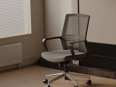 Modern Office Chair With Black Mesh Backrest Gray Cushion Metal Legs And Rolling Wheels 3d model
