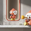 Red Cartoon Sculpture With Yellow Elements Mirror Reflection On White Countertop And Background Wall