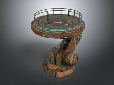 Rusty Industrial Mechanical Platform With Circular Railing And Standing Person 3d model