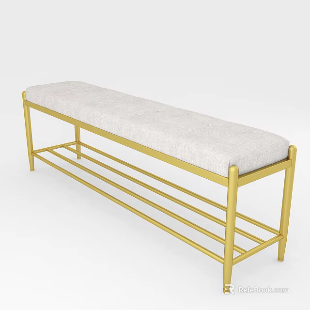 Modern Sofa Bench with Gold Metal Frame and Light Gray Upholstered Cushion 3d model 