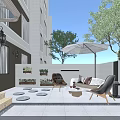 Serene Garden Landscape with Patio Trees Water Fountain Seating Grill Area and Lush Green Plants