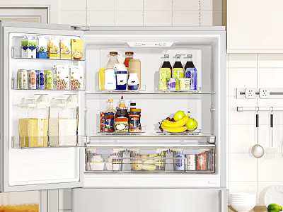 Open Refrigerator Filled With Various Food Drinks And Fresh Produce In Kitchen 3d model