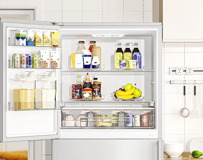 Open Refrigerator Filled With Various Food Drinks And Fresh Produce In Kitchen 3d model