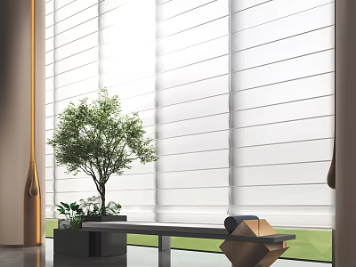 Elevator Corridor With Bright White Blinds Green Plants And Modern Bench 3d model