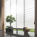 Elevator Corridor With Bright White Blinds Green Plants And Modern Bench