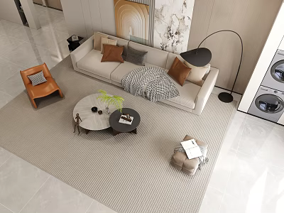 Modern Light Colored Sofa And Coffee Table Set With Decorative Pillows Round Table And Floor Lamp 3d model