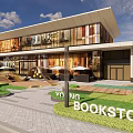 Modern Square Landscape Featuring YOT BOOKSTORE Modern Building Glass Facade And Green Lawn