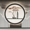 Chinese Decorative Console Table With Circular Frame Red Tree Stone Ornament And Vertical Slat Screen 3d model